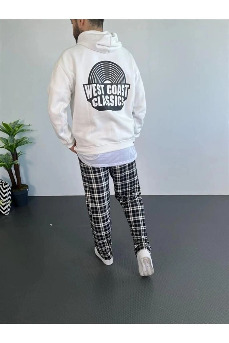 Erkek Kapüşonlu Kanguru Cepli Sweatshirt 3 İplik Pamuklu Baskılı Hoodie - Beyaz