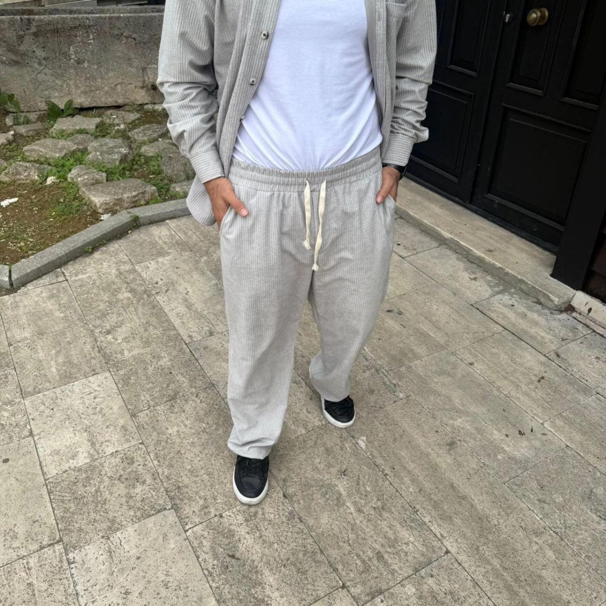 Erkek Kadife Oversize Takım Gömlek Pantolon İkili Set - Gri