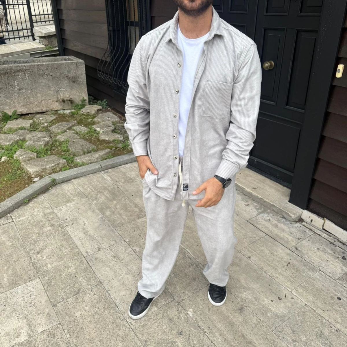 Erkek Kadife Oversize Takım Gömlek Pantolon İkili Set - Gri