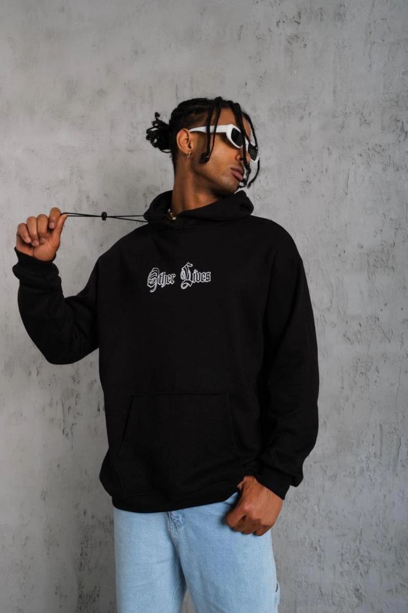 Erkek Kapüşonlu Kanguru Cepli Sweatshirt 3 İplik Pamuklu Baskılı Hoodie - Siyah