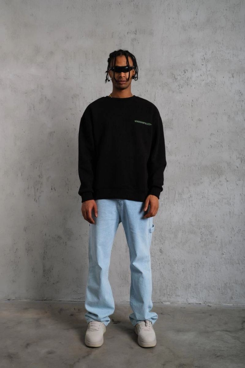 Erkek Oversize Sweatshirt Ön ve Sırt Baskılı 3 İplik Pamuklu - Siyah