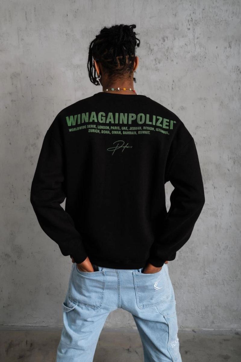 Erkek Oversize Sweatshirt Ön ve Sırt Baskılı 3 İplik Pamuklu - Siyah