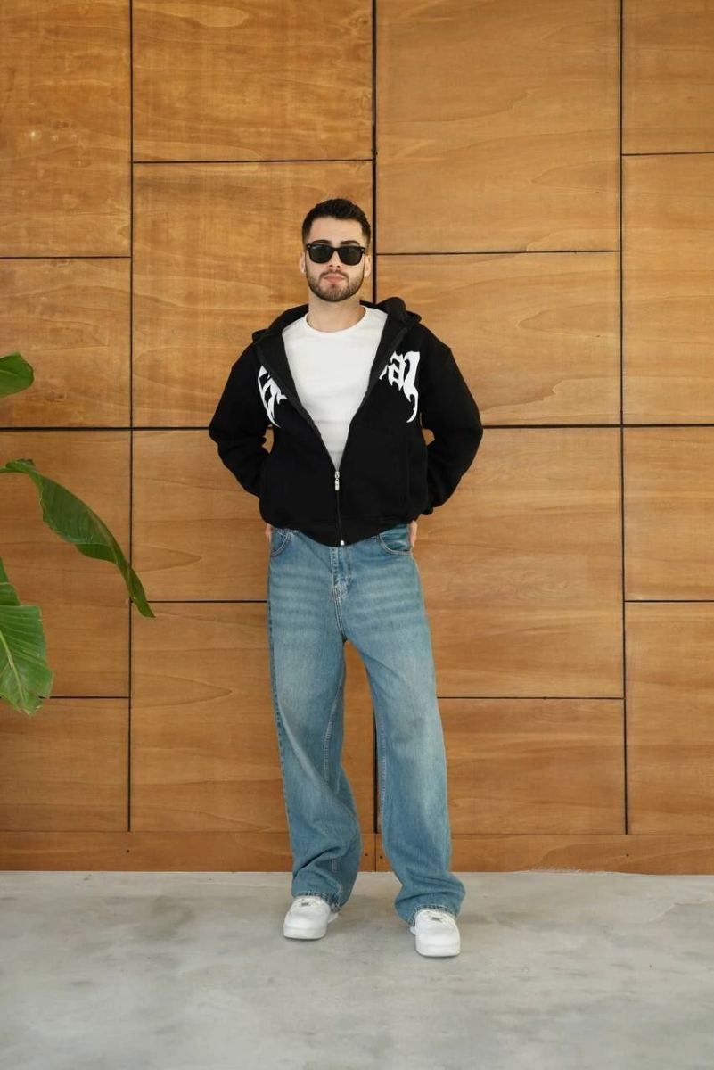 Erkek Kapüşonlu 3 İplik Şardonlu Önü Baskılı Fermuarlı Oversize Sweatshirt - Siyah