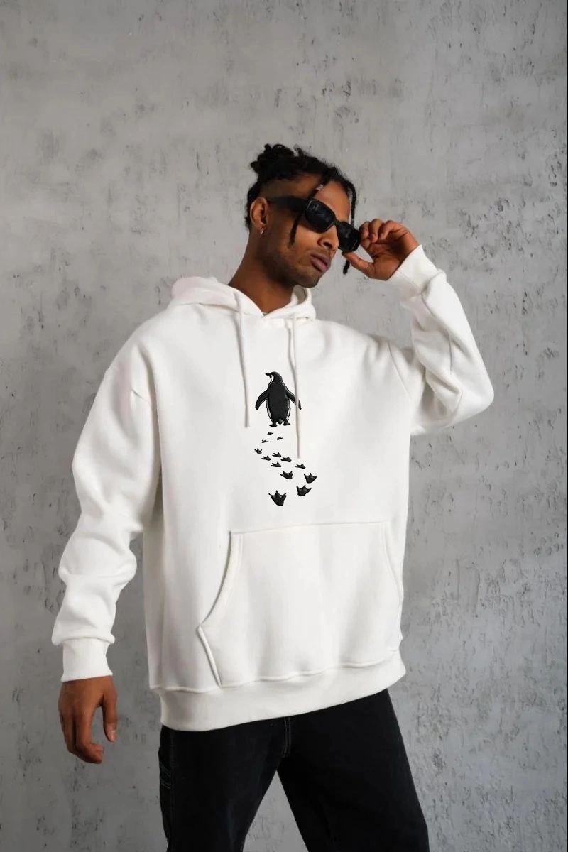 Erkek Nihilist Penguen Baskılı 3 İplik Pamuklu Kapüşonlu Sweatshirt Hoodie Beyaz