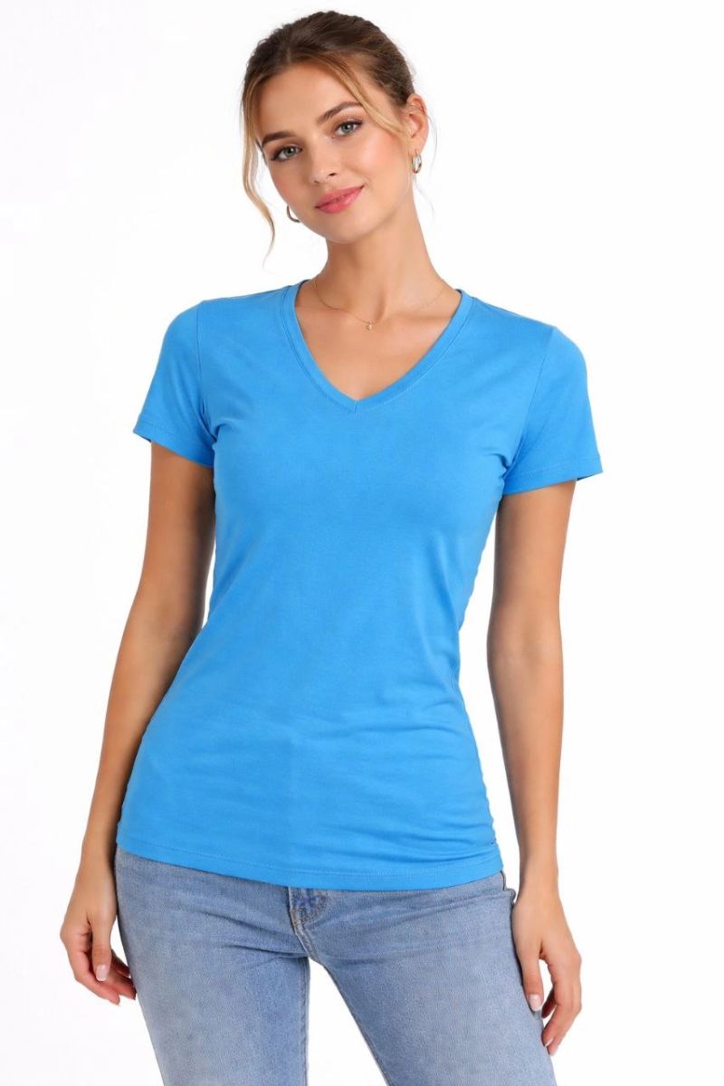 Kadın T-Shirt V Yaka Slim Fit Likralı Tişört Yazlık Basic Body - Açık Mavi