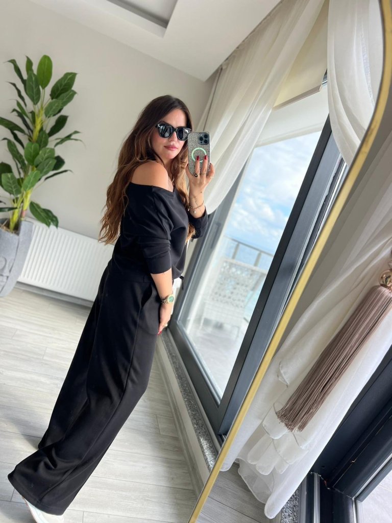Kadın Uzun Kollu Tek Omuzdan Açık Modal Bluz Ve Pantolon Ikili Takım