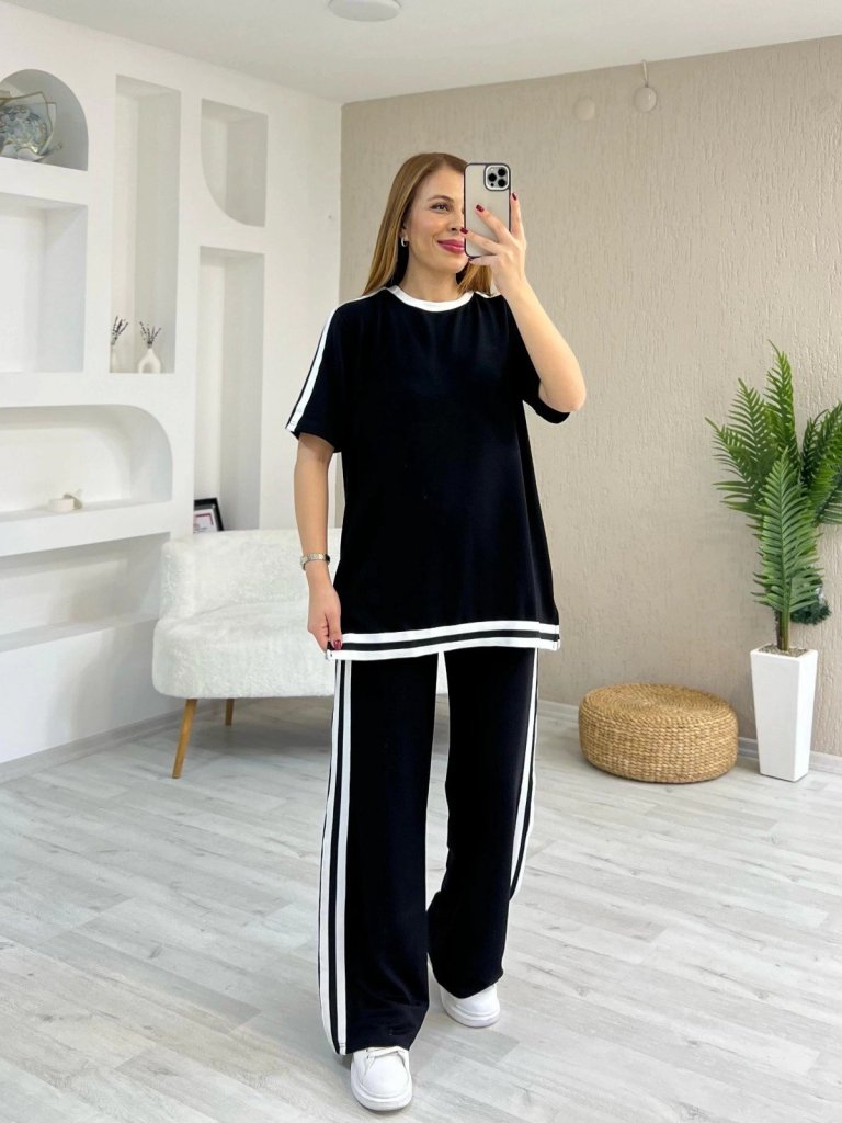 Kadın Kısa Kollu Bisiklet Yaka çift Renk şerit Detaylı Viskon Iki Iplik Bluz Ve Pantolon Ikili Takım