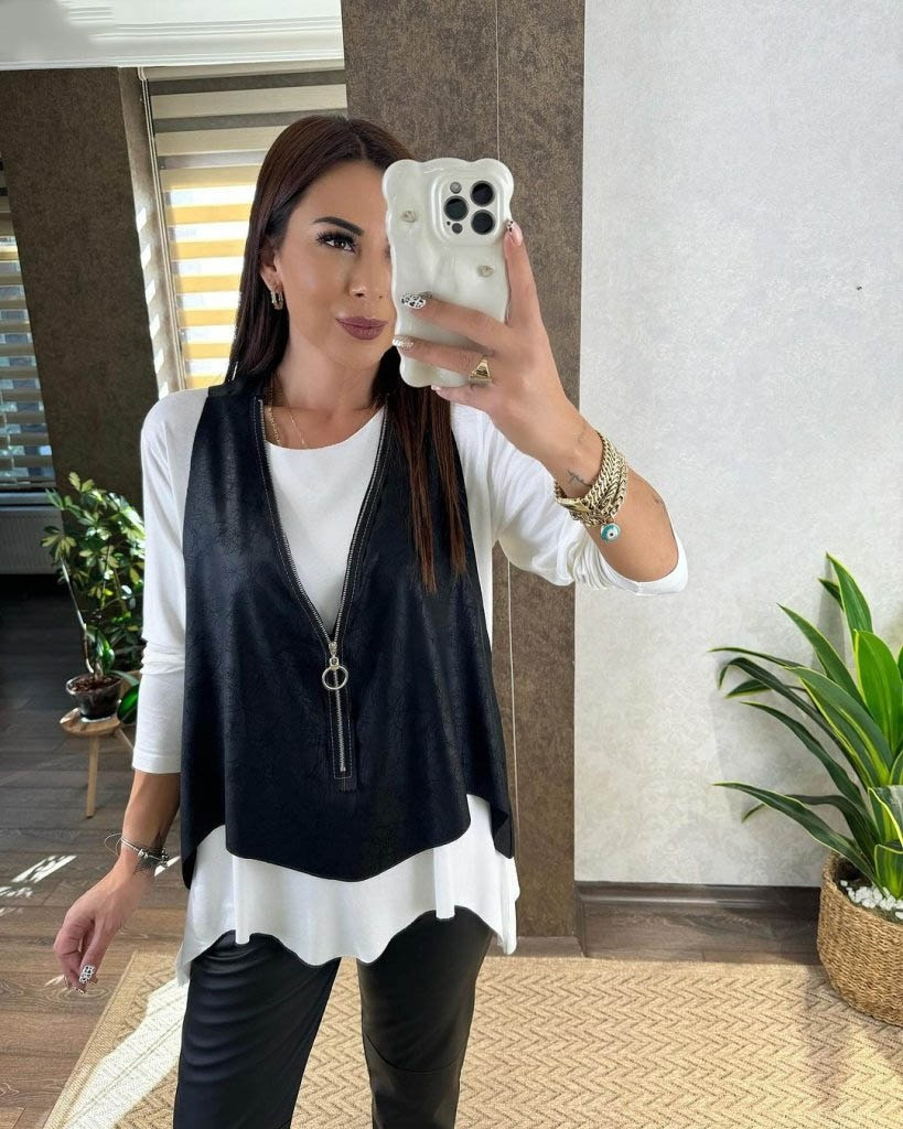 Kadın Uzun Kollu Asimetrik Kesim Viskon Bluz Ve çatlak Deri Görünümlü Yelek Ikili Takım