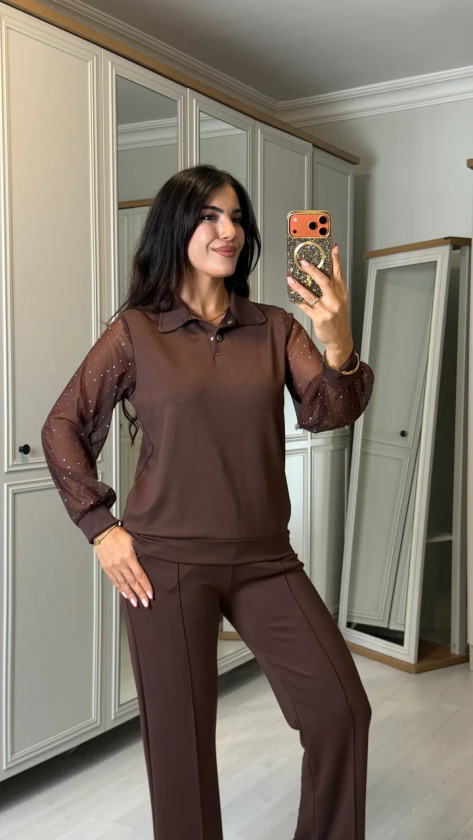 Kolları Taşlı Tül Detaylı İkili Takım