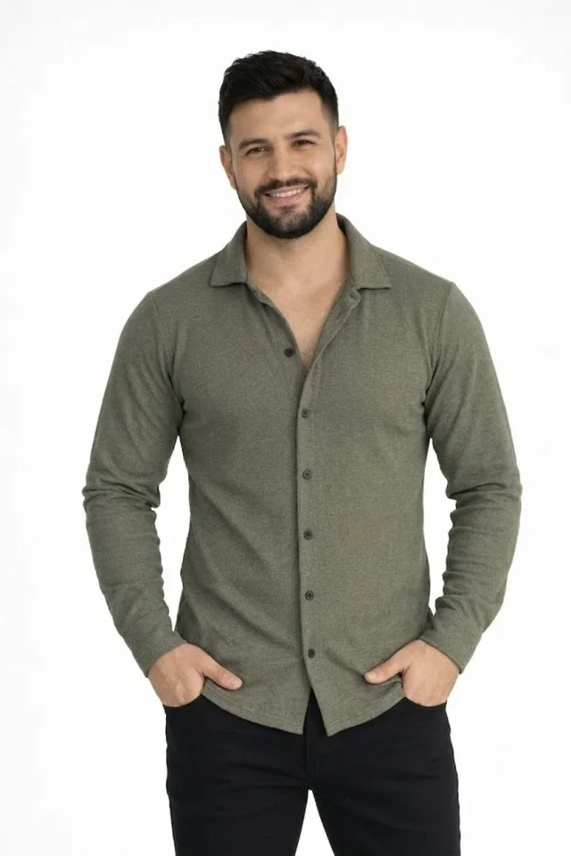 Erkek Waffle Kumaş Uzun Kollu Düğmeli Açık Yaka Regular Fit Gömlek 2 - Haki