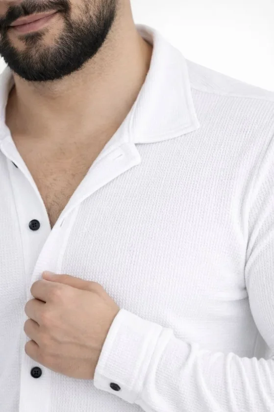 Erkek Waffle Kumaş Uzun Kollu Düğmeli Açık Yaka Regular Fit Gömlek 3 - Beyaz