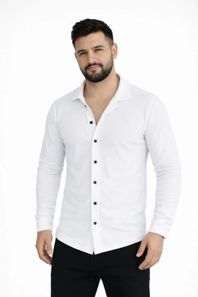 Erkek Waffle Kumaş Uzun Kollu Düğmeli Açık Yaka Regular Fit Gömlek 3 - Beyaz