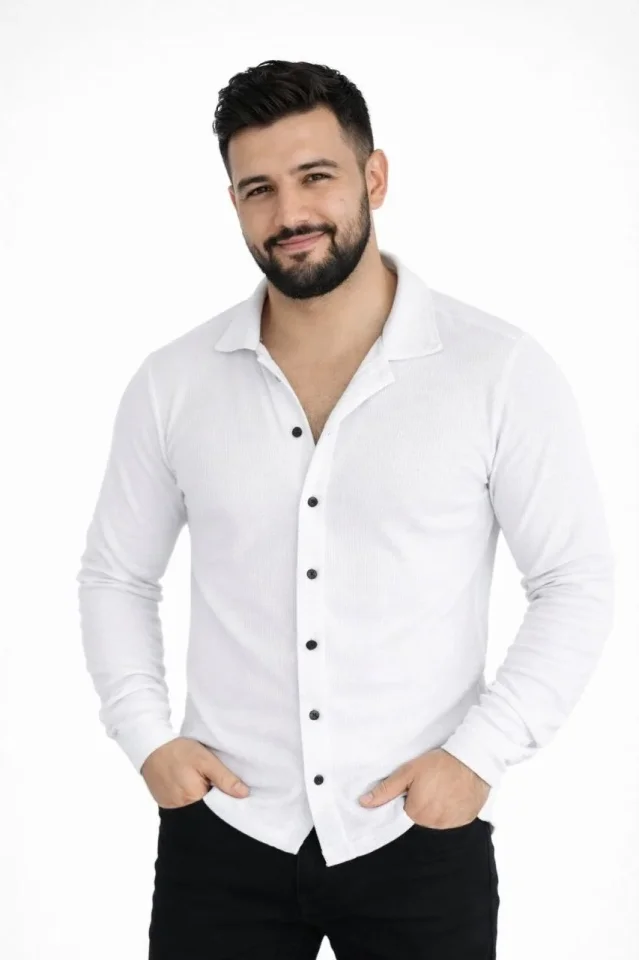 Erkek Waffle Kumaş Uzun Kollu Düğmeli Açık Yaka Regular Fit Gömlek 3 - Beyaz