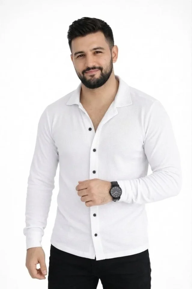 Erkek Waffle Kumaş Uzun Kollu Düğmeli Açık Yaka Regular Fit Gömlek 3 - Beyaz