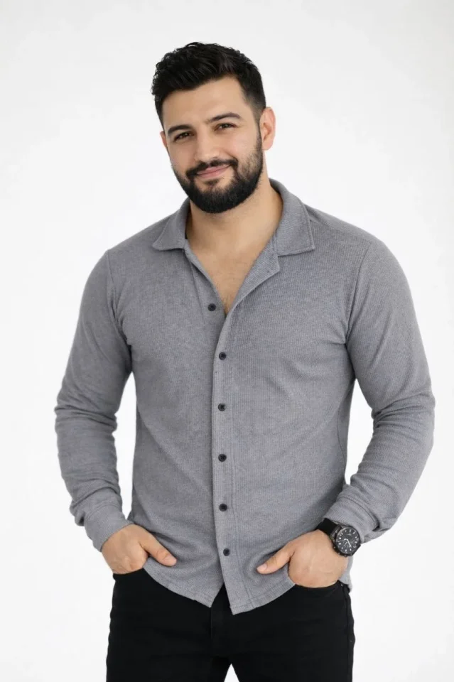 Erkek Waffle Kumaş Uzun Kollu Düğmeli Açık Yaka Regular Fit Gömlek 4 - Füme