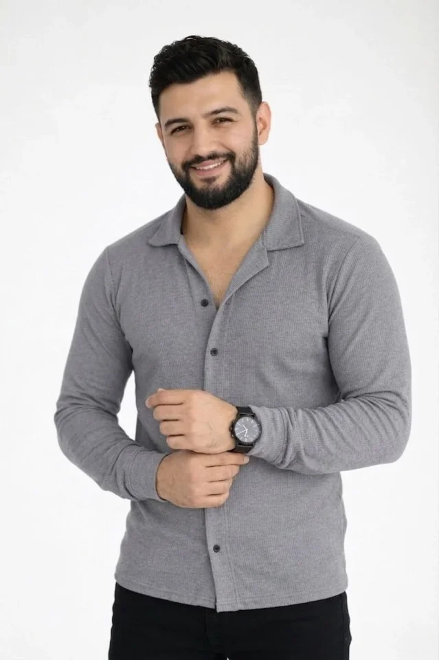 Erkek Waffle Kumaş Uzun Kollu Düğmeli Açık Yaka Regular Fit Gömlek 4 - Füme