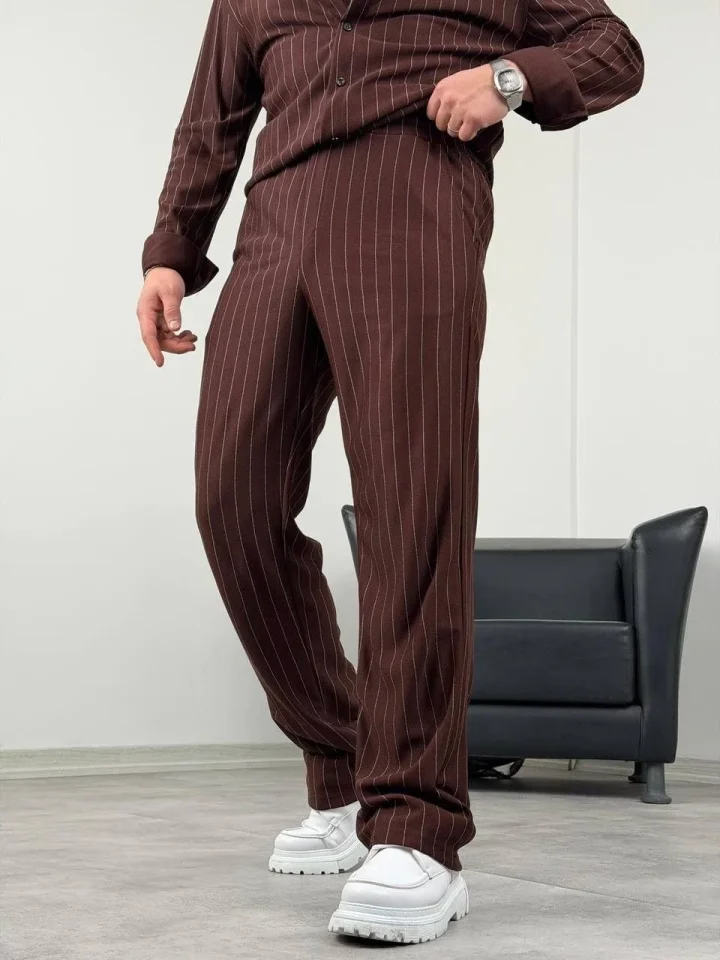 Erkek Çizgili Krep Kumaş Krem Gömlek Pantolon Alt Üst Takım Uzun Kollu4  - Kahverengi