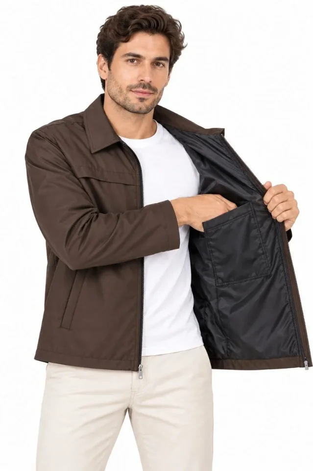 Erkek Su İtici Rüzgar Keser Astarlı Tam Fermuarlı 4 Mevsim Regular Fit Mont Ceket4  - Kahverengi