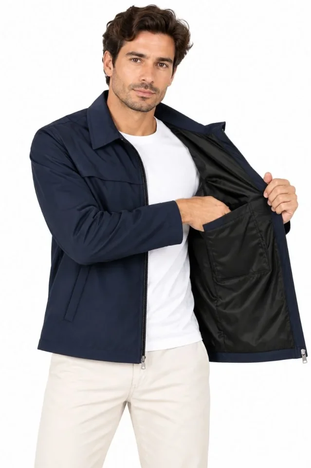 Erkek Su İtici Rüzgar Keser Astarlı Tam Fermuarlı 4 Mevsim Regular Fit Mont Ceket5 - Lacivert