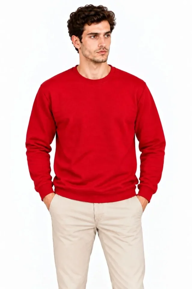 Erkek Bisiklet Yaka İçi Şardonlu 2 İplik Düz Uzun Kollu Regular Fit Sweatshirt - Kırmızı