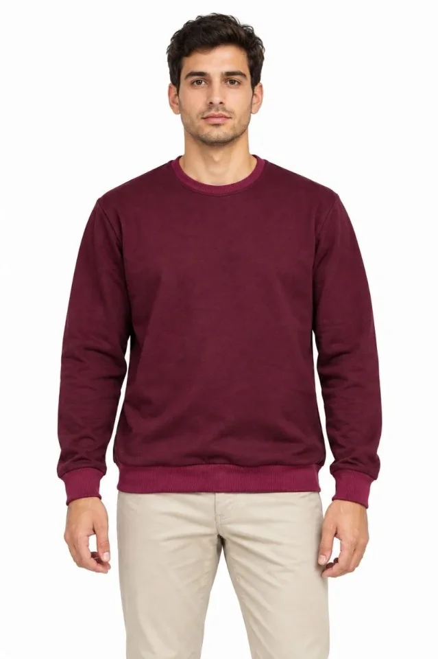 Erkek Bisiklet Yaka İçi Şardonlu 2 İplik Düz Uzun Kollu Regular Fit Sweatshirt -Bordo