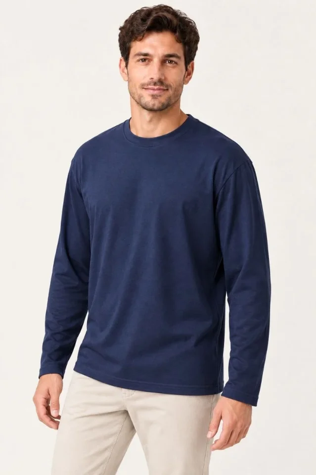 Erkek Modal Yumuşak Dokulu Bisiklet Yaka Uzun Kollu Tişört Sweatshirt - Lacivert