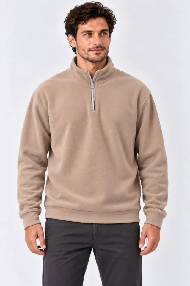 Erkek Polar Dik Yaka Yarım Fermuarlı Uzun Kollu Regular Fit Kışlık Sweatshirt - Bej