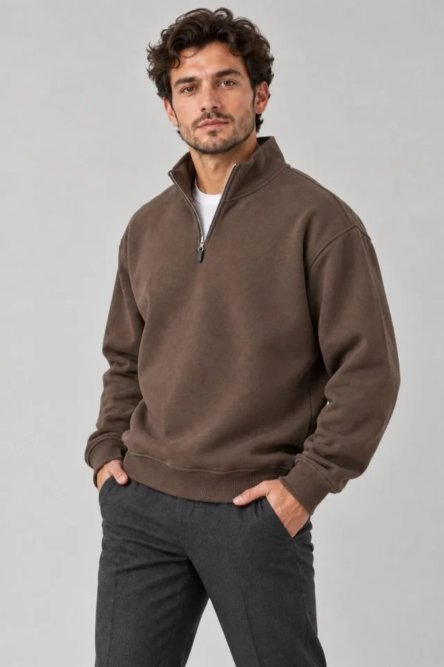 Erkek Üç İplik İçi Şardonlu Dik Yaka Yarım Fermuarlı Kışlık Sweatshirt - Kahverengi
