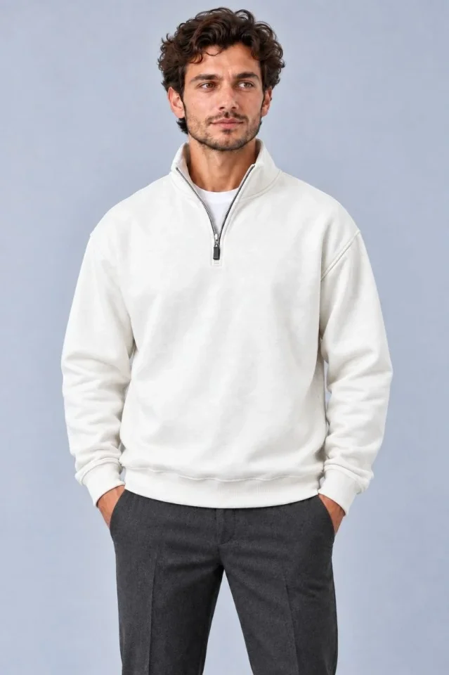 Erkek Üç İplik İçi Şardonlu Dik Yaka Yarım Fermuarlı Kışlık Sweatshirt - Beyaz