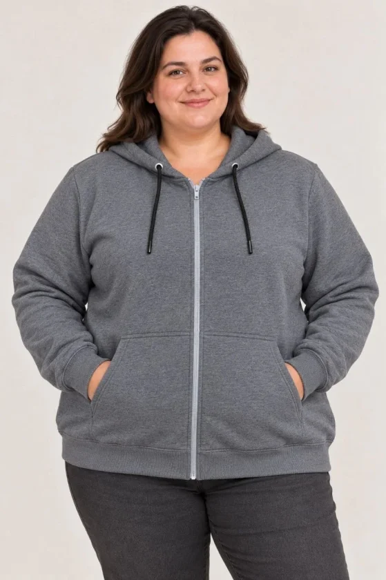 Battal Büyük Beden Üç İplik İçi Şardonlu Kapüşonlu Tam Fermuarlı Kışlık Sweatshirt - Füme