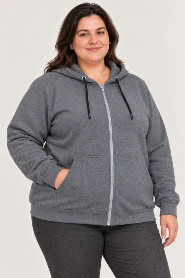 Battal Büyük Beden Üç İplik İçi Şardonlu Kapüşonlu Tam Fermuarlı Kışlık Sweatshirt - Füme