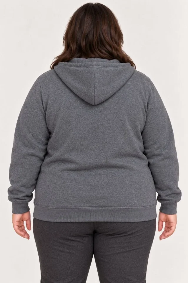 Battal Büyük Beden Üç İplik İçi Şardonlu Kapüşonlu Tam Fermuarlı Kışlık Sweatshirt - Füme