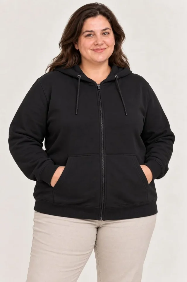 Battal Büyük Beden Üç İplik İçi Şardonlu Kapüşonlu Tam Fermuarlı Kışlık Sweatshirt - Siyah