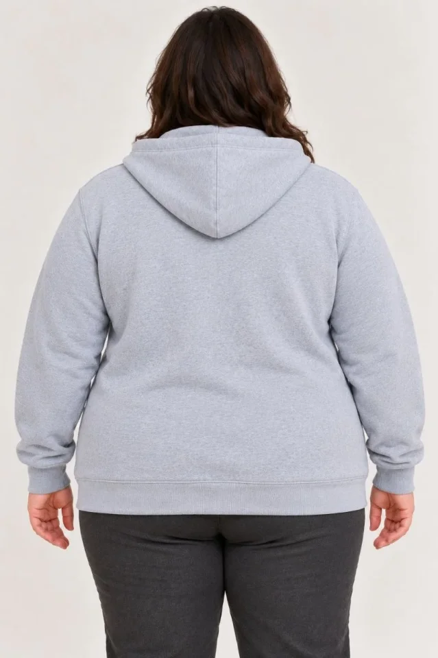 Battal Büyük Beden Üç İplik İçi Şardonlu Kapüşonlu Tam Fermuarlı Kışlık Sweatshirt - Gri