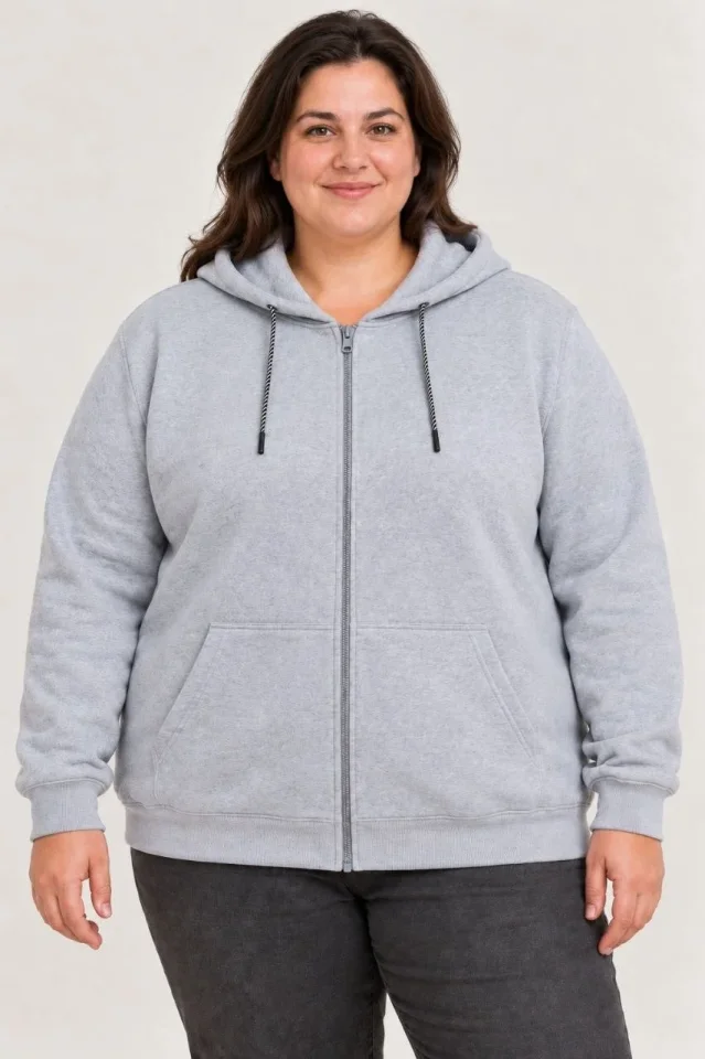 Battal Büyük Beden Üç İplik İçi Şardonlu Kapüşonlu Tam Fermuarlı Kışlık Sweatshirt - Gri