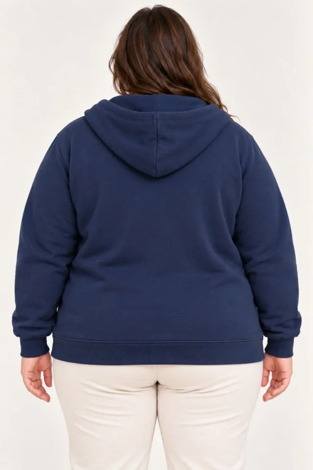 Battal Büyük Beden Üç İplik İçi Şardonlu Kapüşonlu Tam Fermuarlı Kışlık Sweatshirt - Lacivert