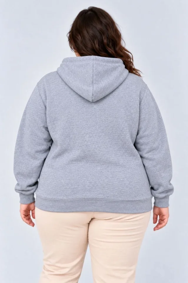 Battal Büyük Beden Üç İplik İçi Şardonlu Kapüşonlu Kanguru Cepli Kışlık Sweatshirt - Gri