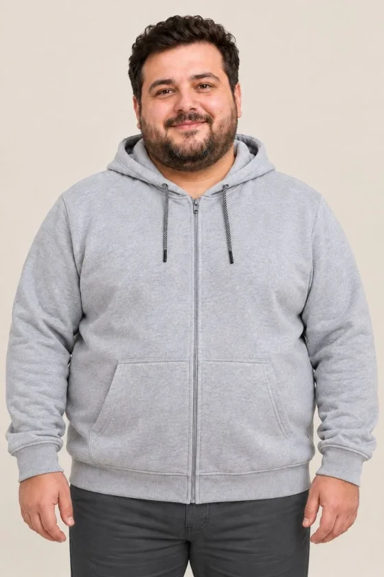 Erkek Battal Büyük Beden Üç İplik İçi Şardonlu Kapüşonlu Tam Fermuarlı Kışlık Sweatshirt - Gri