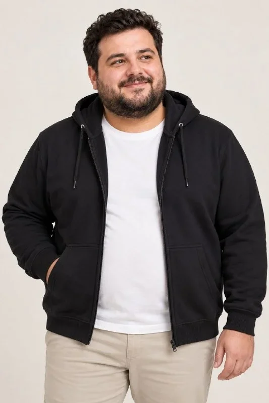 Erkek Battal Büyük Beden Üç İplik İçi Şardonlu Kapüşonlu Tam Fermuarlı Kışlık Sweatshirt - Siyah