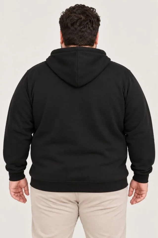 Erkek Battal Büyük Beden Üç İplik İçi Şardonlu Kapüşonlu Tam Fermuarlı Kışlık Sweatshirt - Siyah