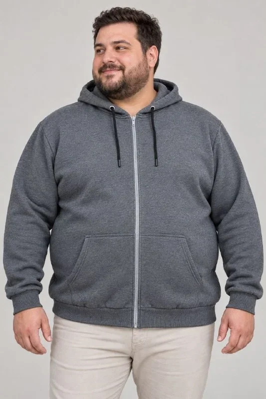 Erkek Battal Büyük Beden Üç İplik İçi Şardonlu Kapüşonlu Tam Fermuarlı Kışlık Sweatshirt - Füme