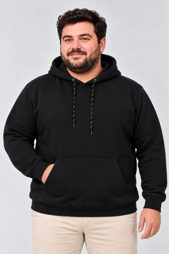 Erkek Battal Büyük Beden Üç İplik İçi Şardonlu Kapüşonlu Kanguru Cepli Kışlık Sweatshirt - Siyah