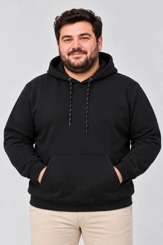 Erkek Battal Büyük Beden Üç İplik İçi Şardonlu Kapüşonlu Kanguru Cepli Kışlık Sweatshirt - Siyah