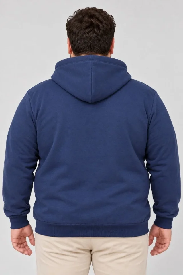 Erkek Battal Büyük Beden Üç İplik İçi Şardonlu Kapüşonlu Kanguru Cepli Kışlık Sweatshirt - Lacivert