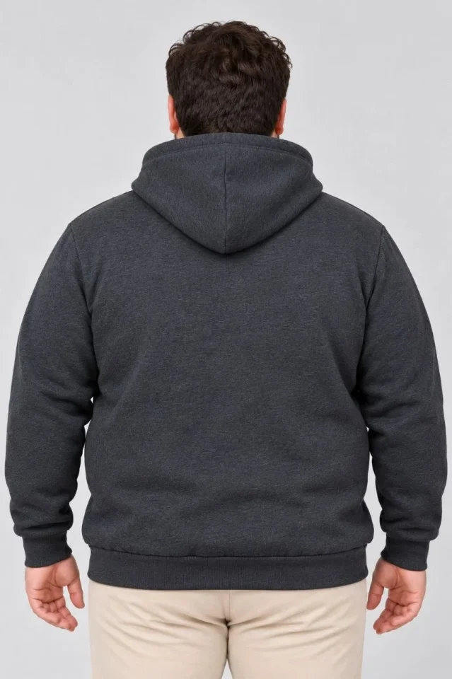Erkek Battal Büyük Beden Üç İplik İçi Şardonlu Kapüşonlu Kanguru Cepli Kışlık Sweatshirt - Füme