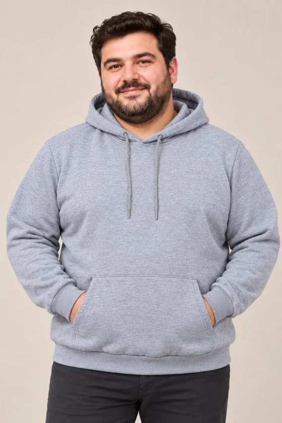 Erkek Battal Büyük Beden Üç İplik İçi Şardonlu Kapüşonlu Kanguru Cepli Kışlık Sweatshirt - Gri