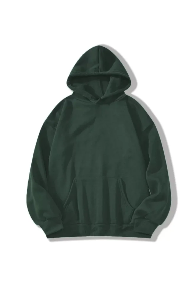 Erkek Düz Kapüşonlu Sweat 1 - Koyu Yeşil