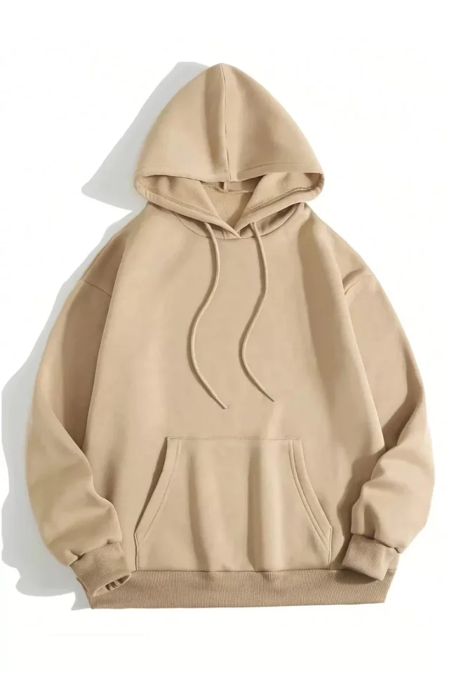 Erkek Düz Kapüşonlu Sweat 4 - Bej