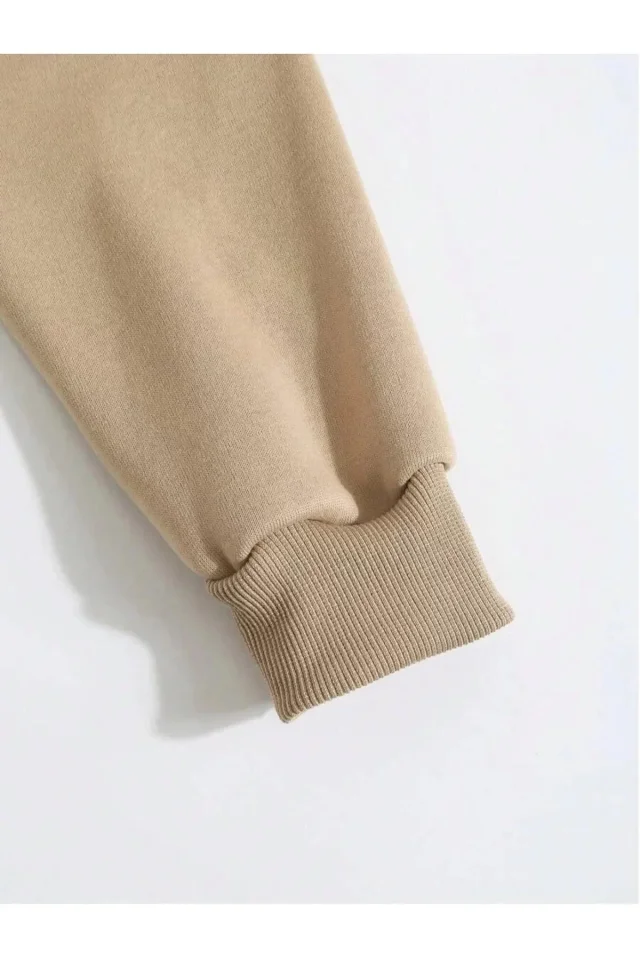 Erkek Düz Kapüşonlu Sweat 4 - Bej