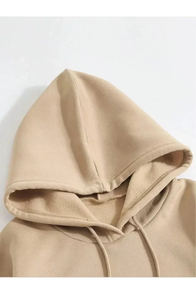 Erkek Düz Kapüşonlu Sweat 4 - Bej